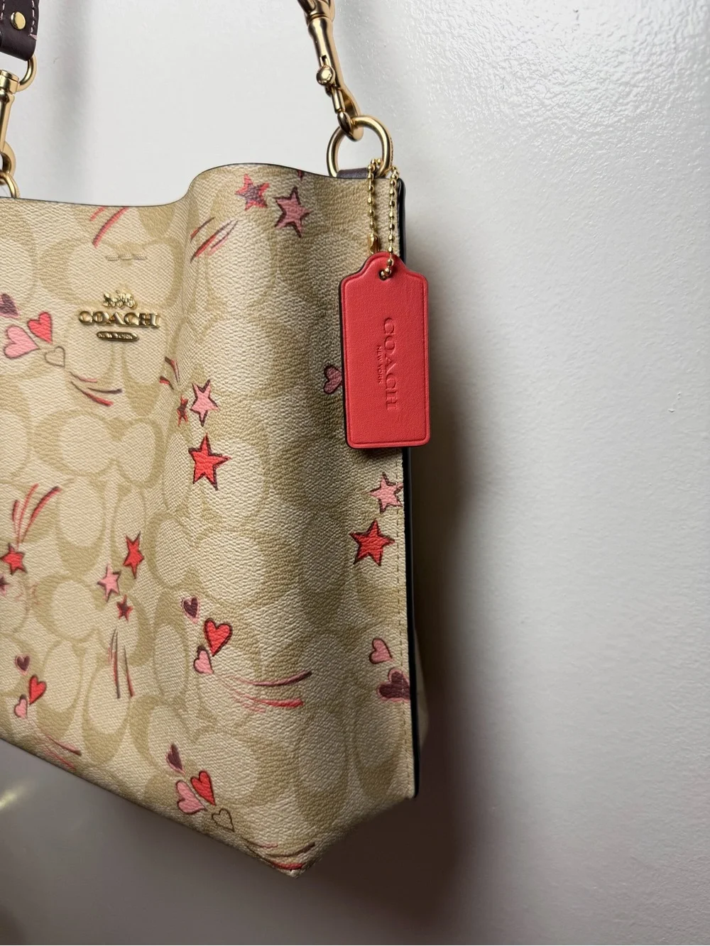Coach Beige Signature Canvas Tote with Pink & Red Heart Print